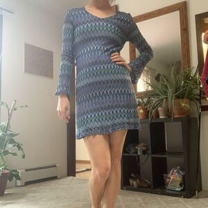 VTG Express Tricot (M) Dress - Chevron Crochet Blue Green Purple Bell Sleeve